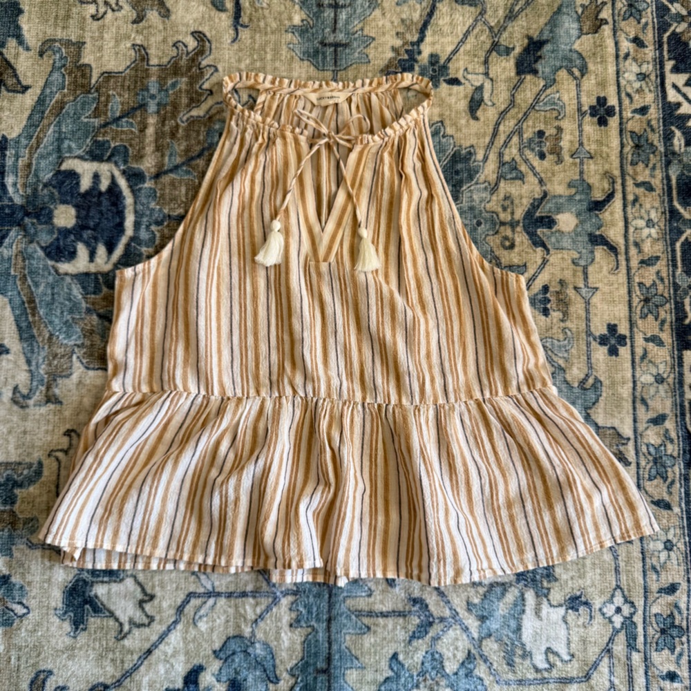 NWOT Lucky Brand Tan and White Striped Top size L peasant renaissance crunchy